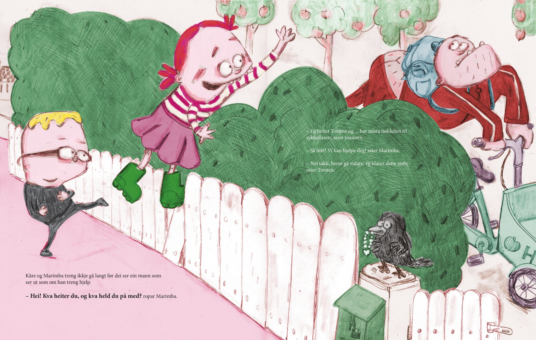 Oppslag fra *Kåre og Marimba hjelper til* (2022), illustrert av Camilla Kuhn og forfattet av Markus Lantto. Utgitt av Samlaget.