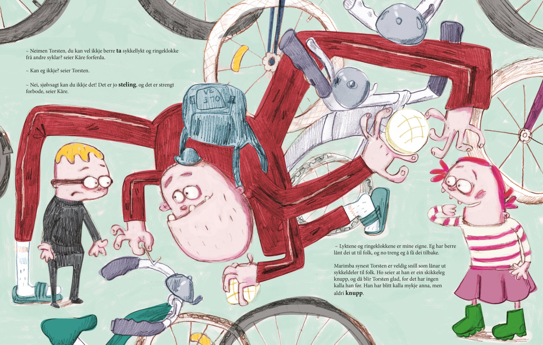 Oppslag fra *Kåre og Marimba hjelper til* (2022), illustrert av Camilla Kuhn og forfattet av Markus Lantto. Utgitt av Samlaget.