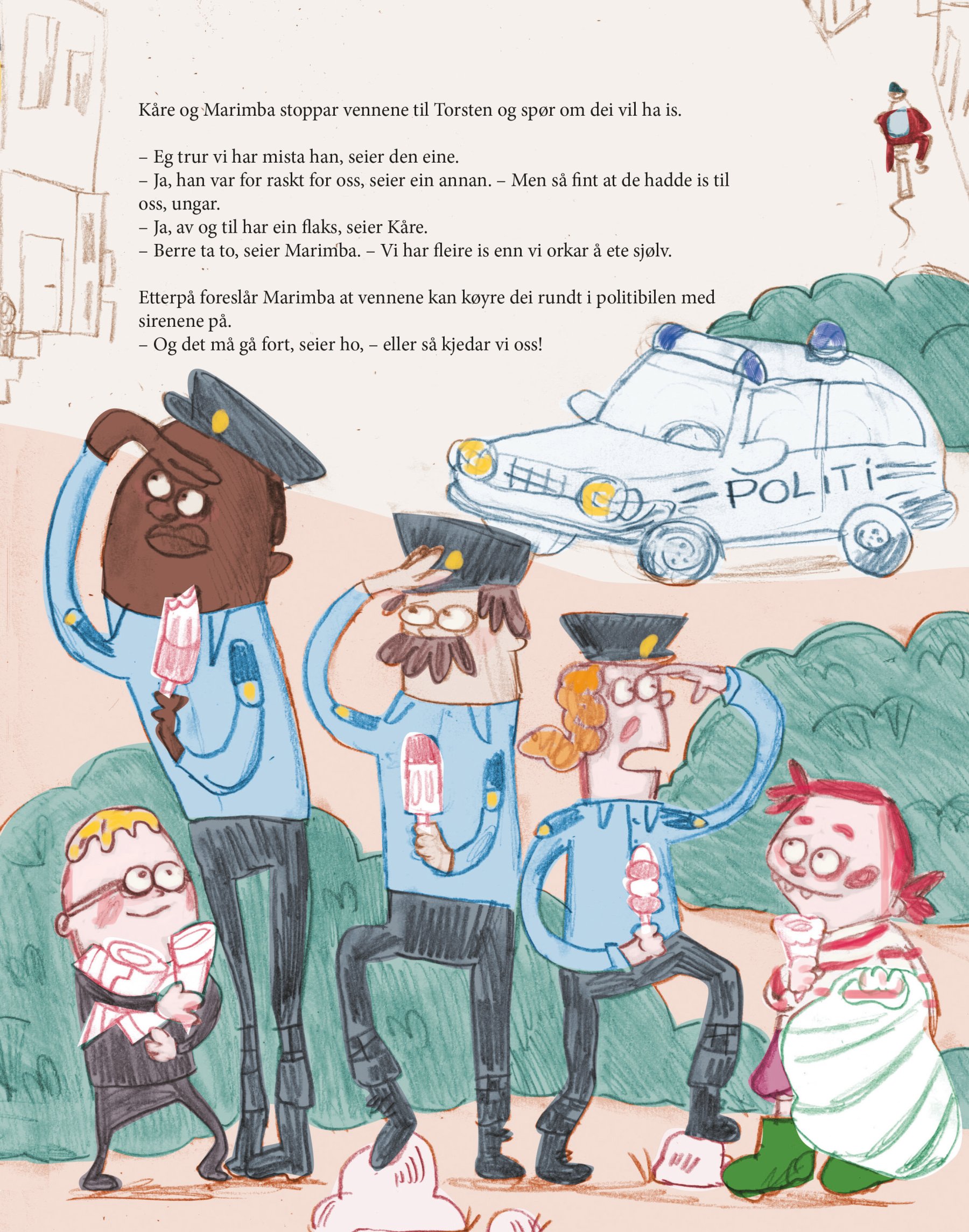 Side 32 fra *Kåre og Marimba hjelper til* (2022), illustrert av Camilla Kuhn og forfattet av Markus Lantto. Utgitt av Samlaget.